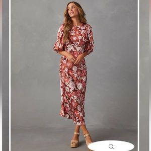 DAMARA SATIN FLORAL SHORT SLEEVE MIDI DRESS BROWN brand new with tags from vici